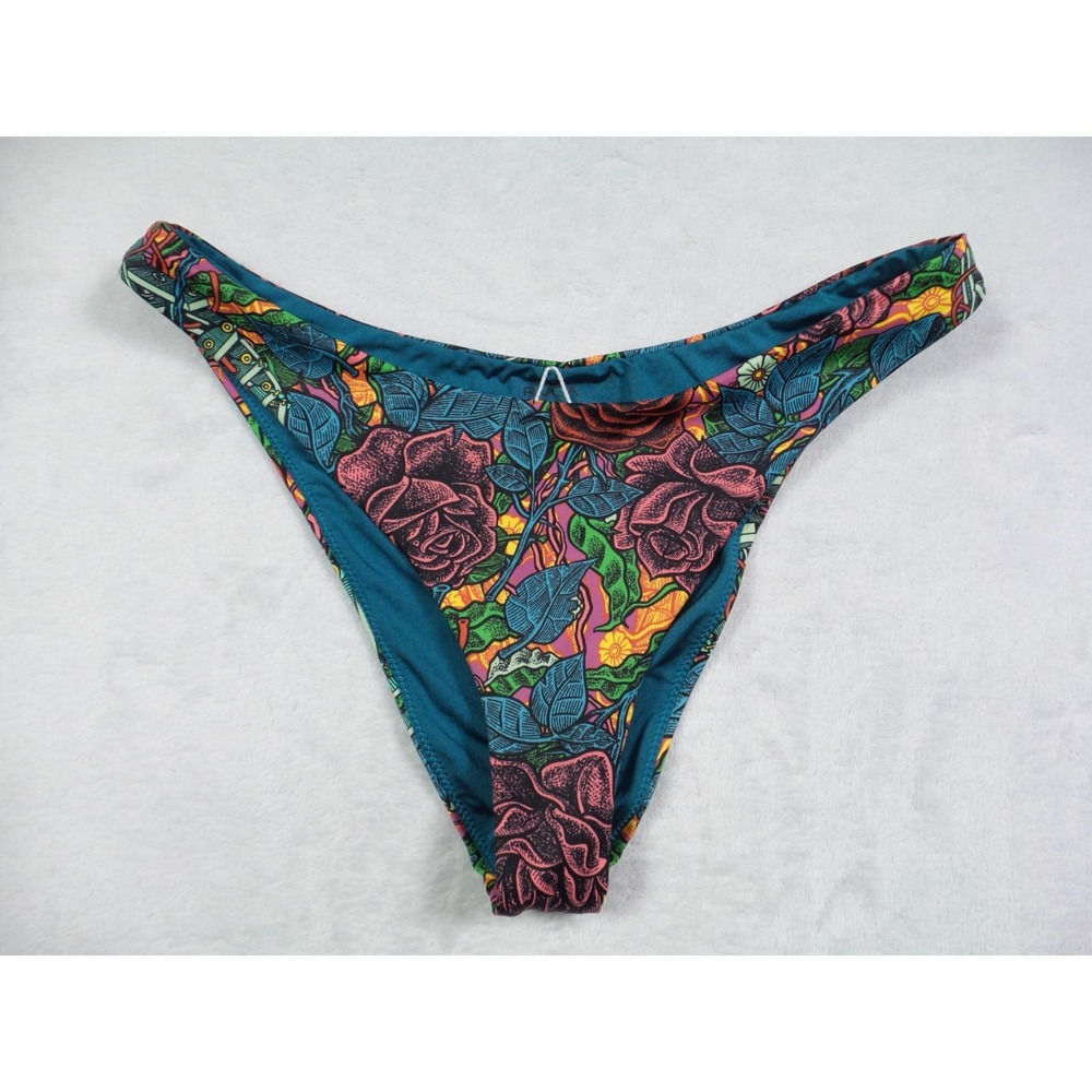 RVCA Bikini Bottom Womens Size Small Green Floral Roses Swimwear Stretch